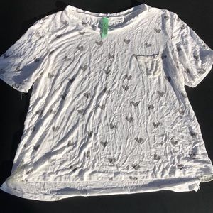 White rayon shirt with gray hearts.